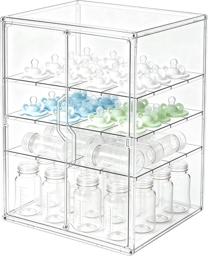 Baby Bottle Organizer, 3-Tier Bottle Storage for Countertop with Double Magnetic Doors, Clear Plastic Bottle Station Organizer Mom Gifts with 2 Dividers for Kitchen, Bathroom, Cabinet, Vanity