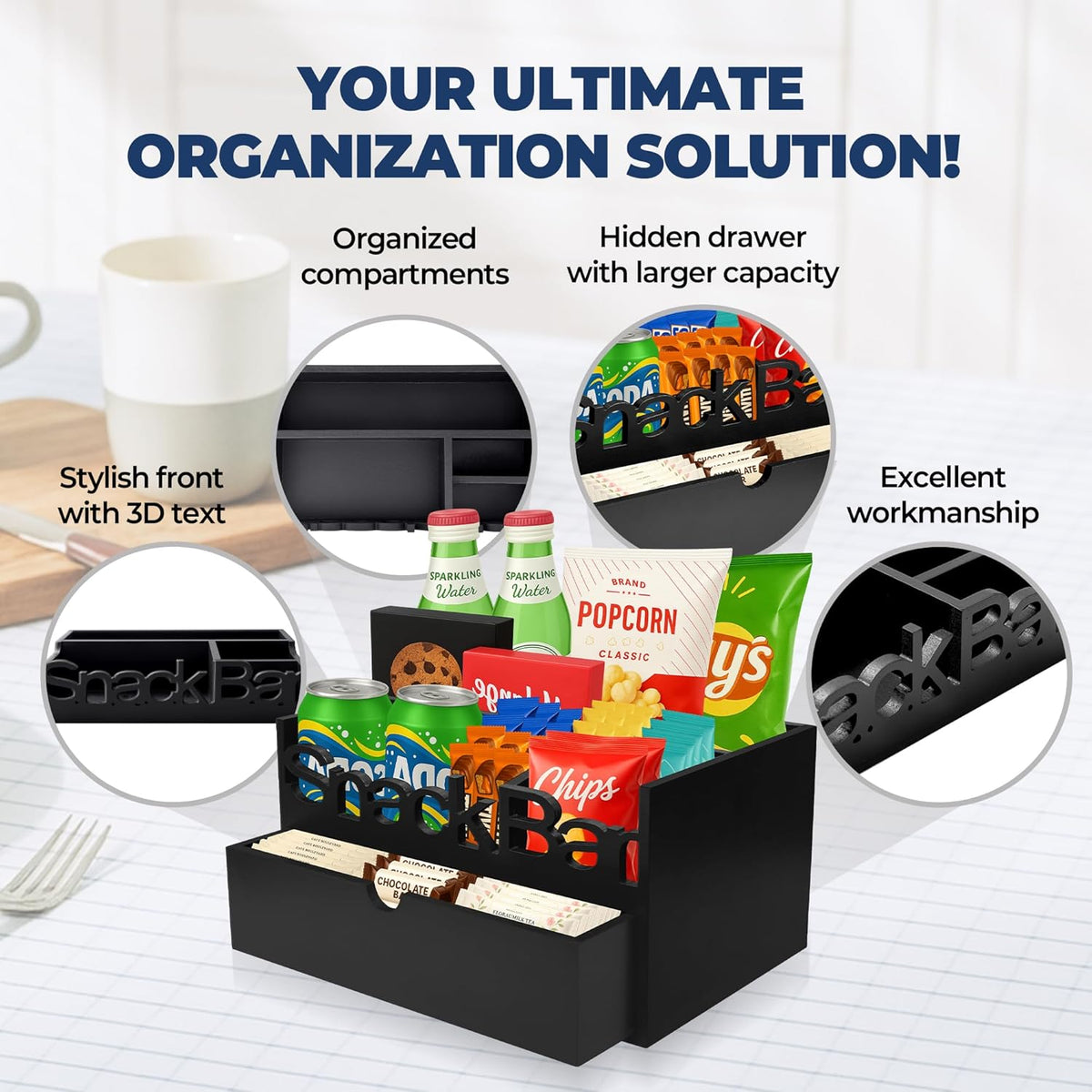 Snack Bar Organizer – Black 5 Compartment Station, Countertop Pantry Organizer for Kitchen, Office Food Holder, Candy Storage Bin, Display Stand, Cabinet Tray & Shelf