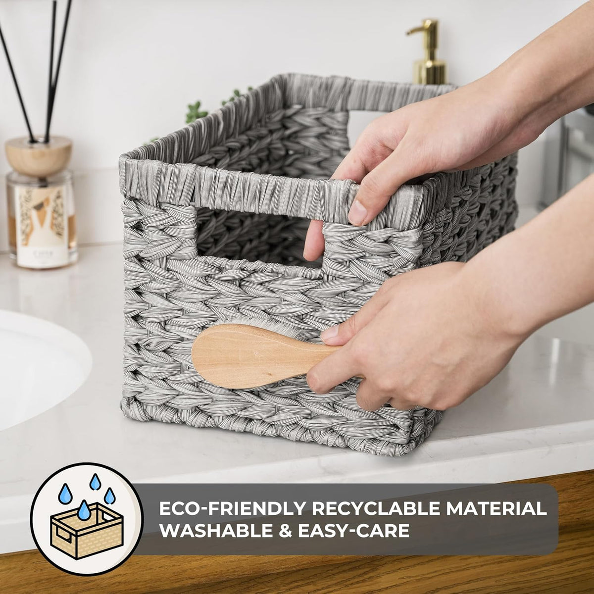 GRANNY SAYS Wicker Storage Baskets for Shelves, Wicker Baskets for Organizing, Waterproof Woven Basket for Pantry, Rectangle Basket for Shlef, Brown, 2-Pack