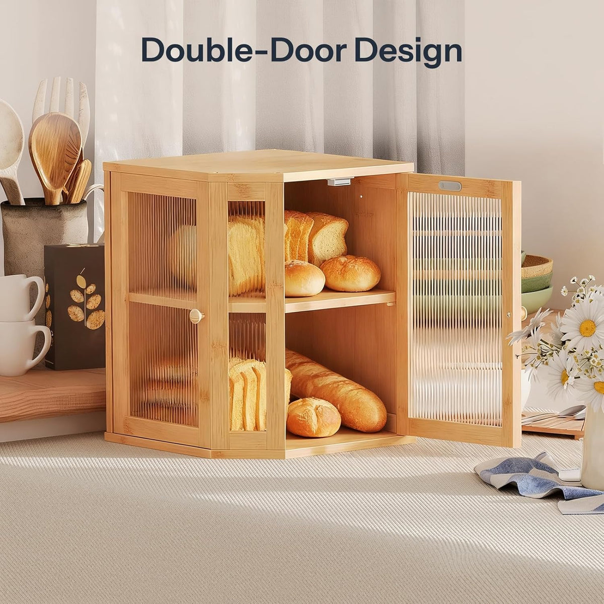 HOOBRO Bamboo Bread Box, Kitchen Countertop Corner Bread Box, Large Capacity 2-Tier Bread Container, Bread Storage Container with Dual Rippled Acrylic Doors, for Kitchen Food Storage, Natural YL12MB01