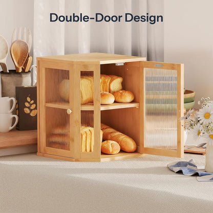 HOOBRO Bamboo Bread Box, Kitchen Countertop Corner Bread Box, Large Capacity 2-Tier Bread Container, Bread Storage Container with Dual Rippled Acrylic Doors, for Kitchen Food Storage, Natural YL12MB01