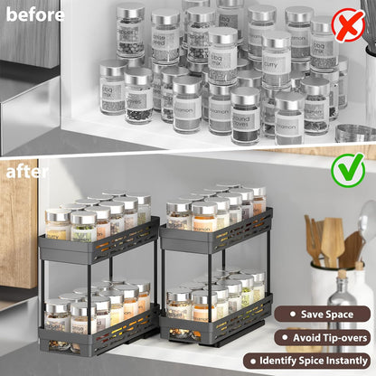 Pull Out Spice Rack Organizer for Cabinet, Slide Out Spice Racks Organizer, Spice Cabinet Organizers, Cabinet Size Need:12'' Highx11'' Deepx5'' Wide,Hold 10 Spice Jar Each Tier-2Tier, Black