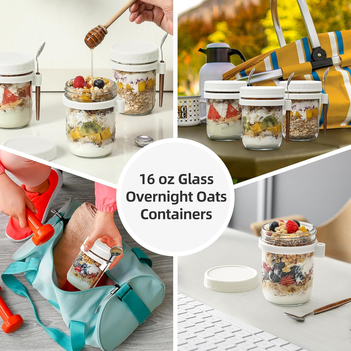 4 Pack Overnight Oats Containers with Lids and Spoons, 16 oz Glass Mason Jars with Airtight Lids, Overnight Oats Jars for Milk, Cereal, Fruit