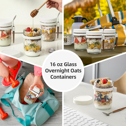 4 Pack Overnight Oats Containers with Lids and Spoons, 16 oz Glass Mason Jars with Airtight Lids, Overnight Oats Jars for Milk, Cereal, Fruit