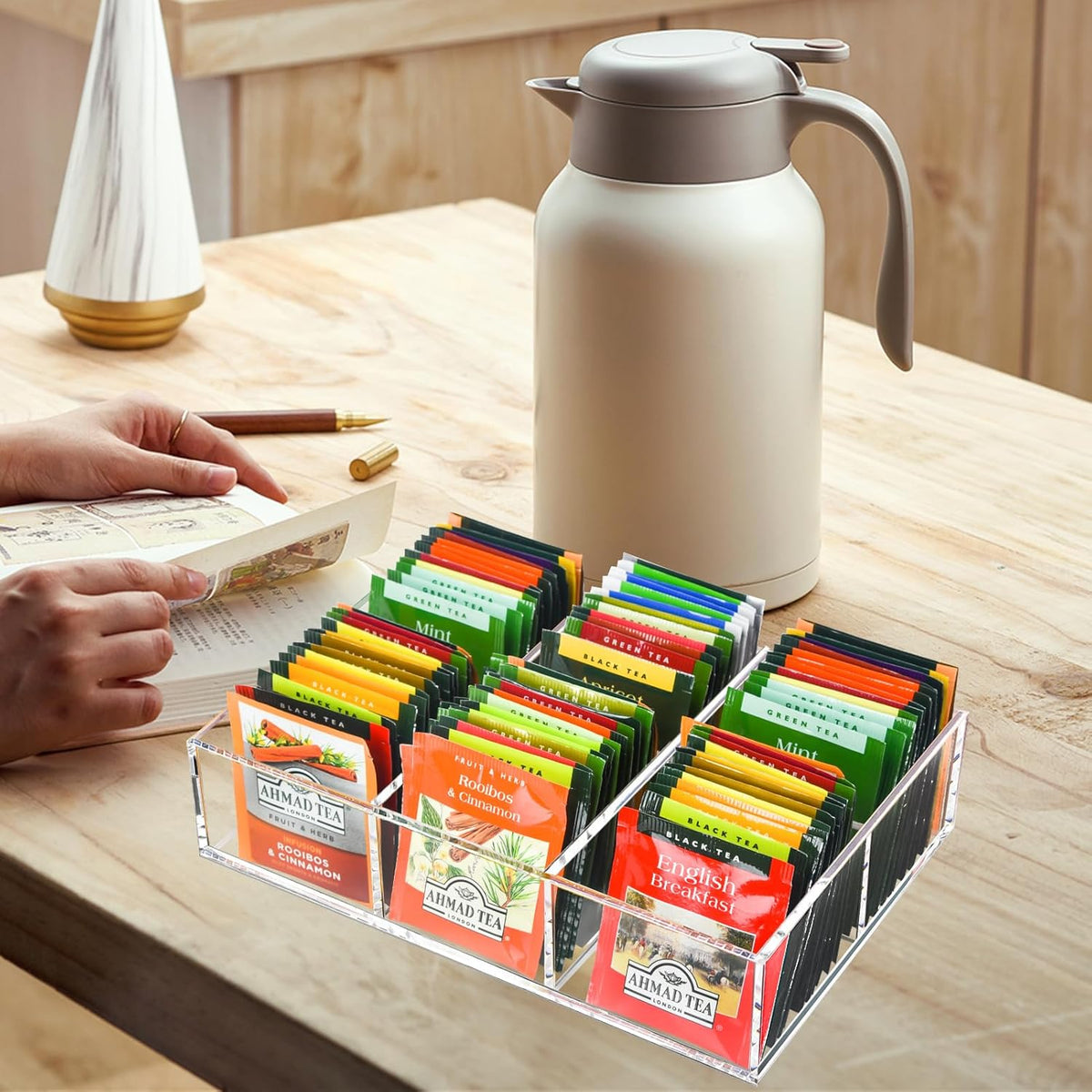 Tasybox Tea Bag Organizer, Clear Acrylic Tea Bag Holder with 6 Slot, Tea Packet Storage for Drawer, Pantry, Kitchen, Cabinet, Countertop