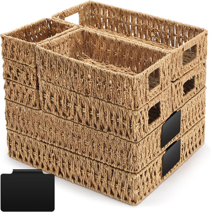Marsui 9 Pcs Wicker Storage Baskets for Pantry Organization with Handle Labels Handwoven Multi-size Dark Brown Small Organizer Baskets Storage Bin Container for Shelves Closet Toilet Christmas Holiday