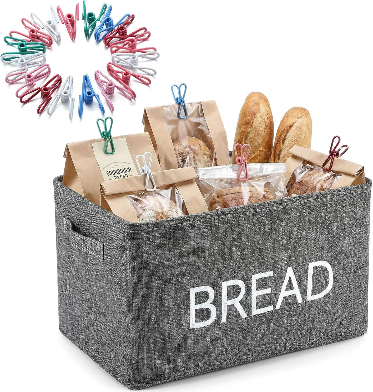 Newtay 17 Pcs Snack Basket Sets, Snack Storage Bin for Pantry Shelves with 16 Pcs 2 Inch Chip Clips, Basket Organizer for Kitchen Home, Chips, Popcorn, Candy, Pretzels(Burlap,Khaki)