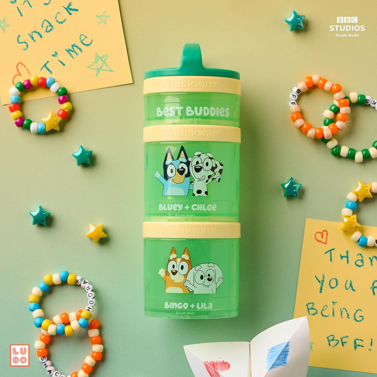 Whiskware Bluey Stackable Snack Containers for Babies, Toddlers, and Kids, 3 Stackable Snack Cups for School and Travel, Cupholder Friendly, Bluey and Bingo! Let’s Do This!