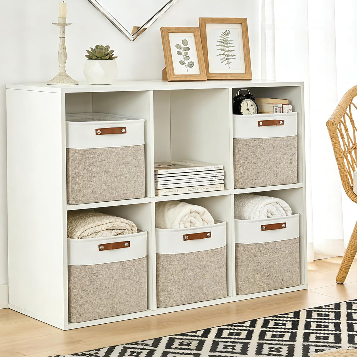 Bagnizer Large Fabric Storage Baskets | 50L Storage Bins, Decorative Linen Closet Baskets with Handles for Organizing, Shelf, Toys, Clothes, Home, Office, Nursery, 17x12x15Inches (Grey&White)