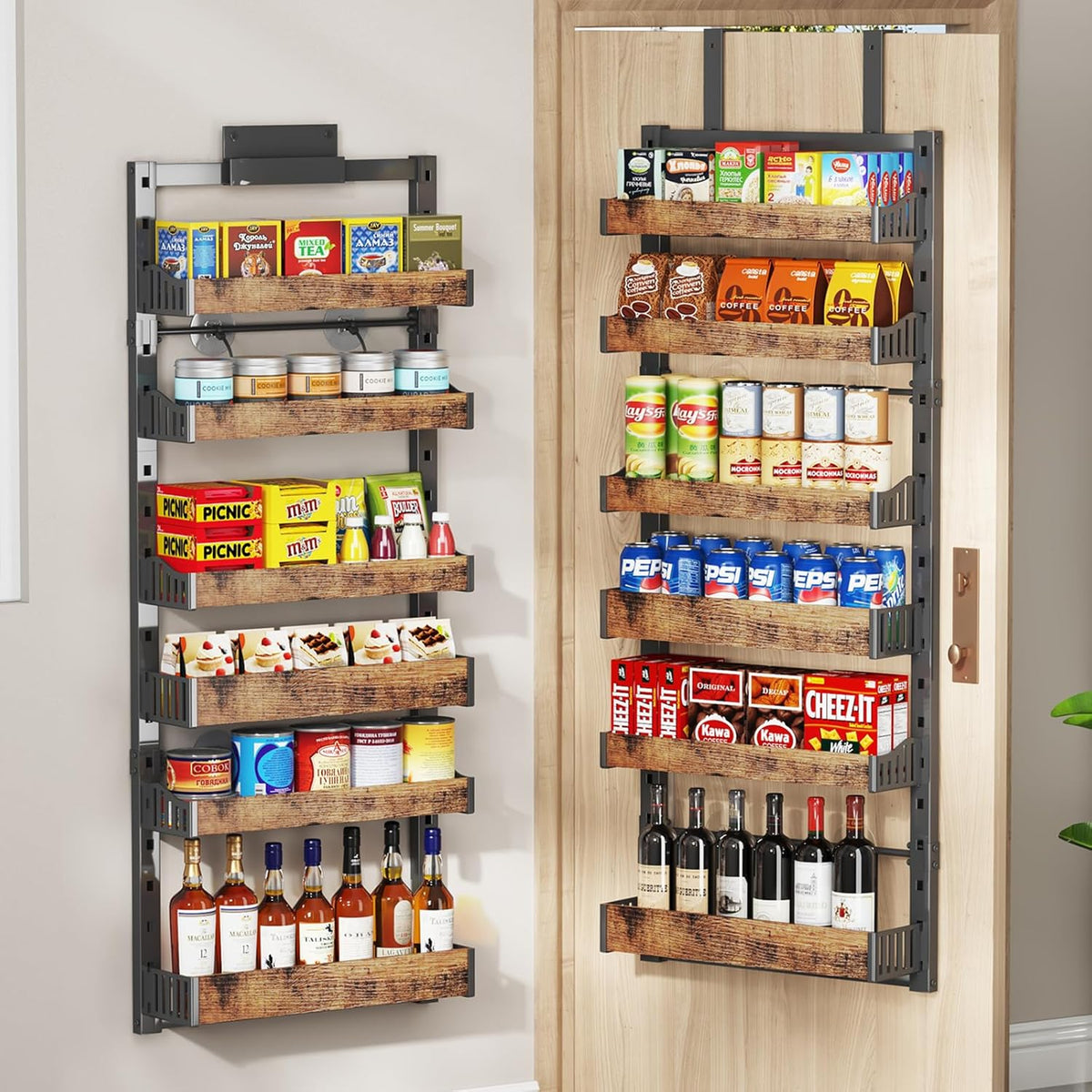 8-Tier Over The Door Pantry Organizer, Heavy-Duty Metal Wall Mount or Hanging Spice Rack, behind the door storage Shelves with Adjustable Basket, Back of Door Organizer for Kitchen Cabinet and Closet