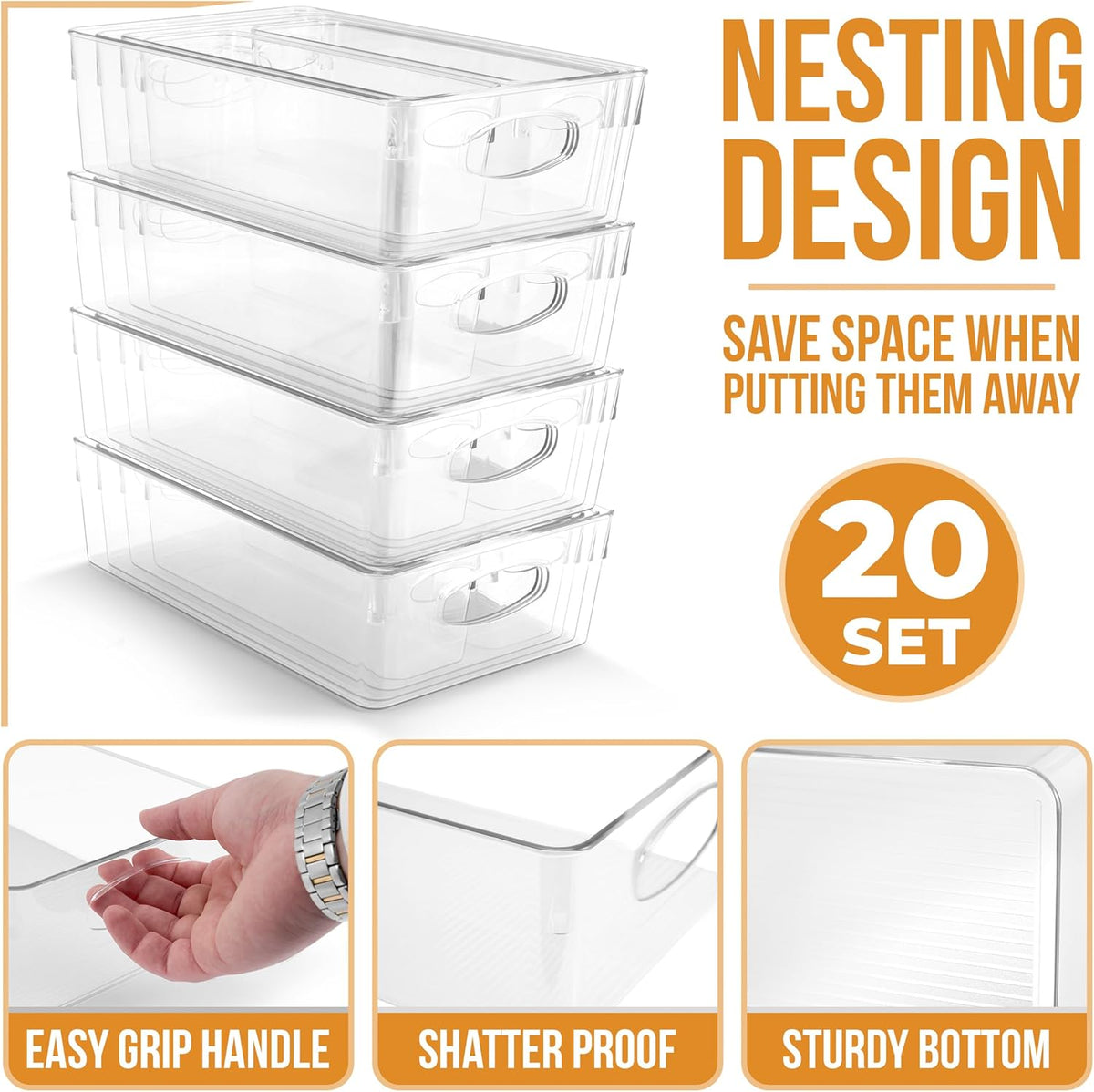 Sorbus Small Clear Plastic Storage Bins for Organizing, Clear Organizer Bins with Handles, Plastic Storage Bins for Closet, Pantry, Fridge, Medicine Cabinet Organizer, Shelves, Freezer, Drawer
