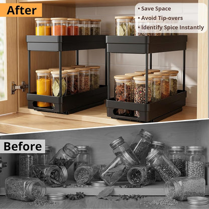 Pull Out Spice Rack Organizer for Cabinet, Slide Out Spice Racks Organizer, Spice Cabinet Organizers, Cabinet Size Need:12'' Highx11'' Deepx5'' Wide,Hold 10 Spice Jar Each Tier-2Tier, Black