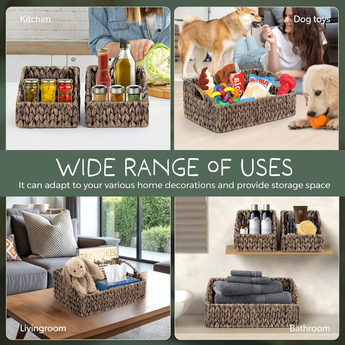 Set of 3 Handwoven Storage Baskets – Decorative Natural Wicker Organizer Bins with Built-in Handles for Bathroom, Kitchen, Pantry, Nursery, Closet, Laundry, Living Room, and Home Use