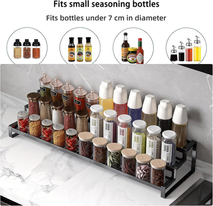 3 Tier Expandable Spice Rack Organizer, Heavy-Duty Black Metal Seasoning Organization Shelf for Cabinet, Kitchen & Pantry, Tiered Spice Shelf With Safety Lock, For Jars & Bottles, Countertop Storage
