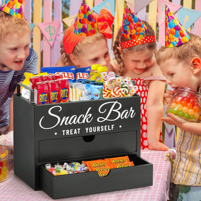 Snack Organizer for Countertop, Wood Pantry Storage Bins with Handles, Snack Bar Organizer for Kitchen, Office, 4 Compartment Food Container Snack Box with Drawer, Pantry Organizer for Chips, Candy
