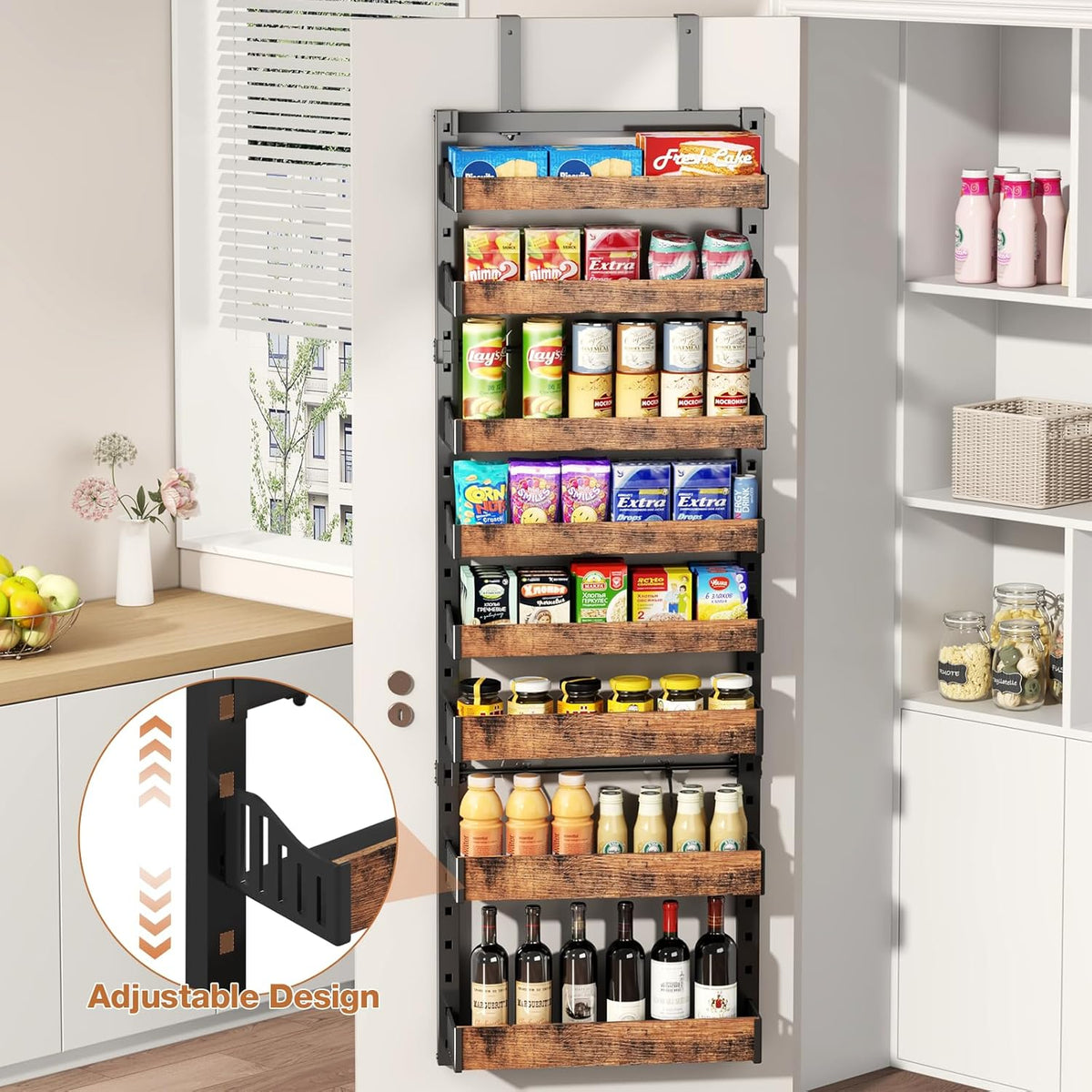 8-Tier Over The Door Pantry Organizer, Heavy-Duty Metal Wall Mount or Hanging Spice Rack, behind the door storage Shelves with Adjustable Basket, Back of Door Organizer for Kitchen Cabinet and Closet
