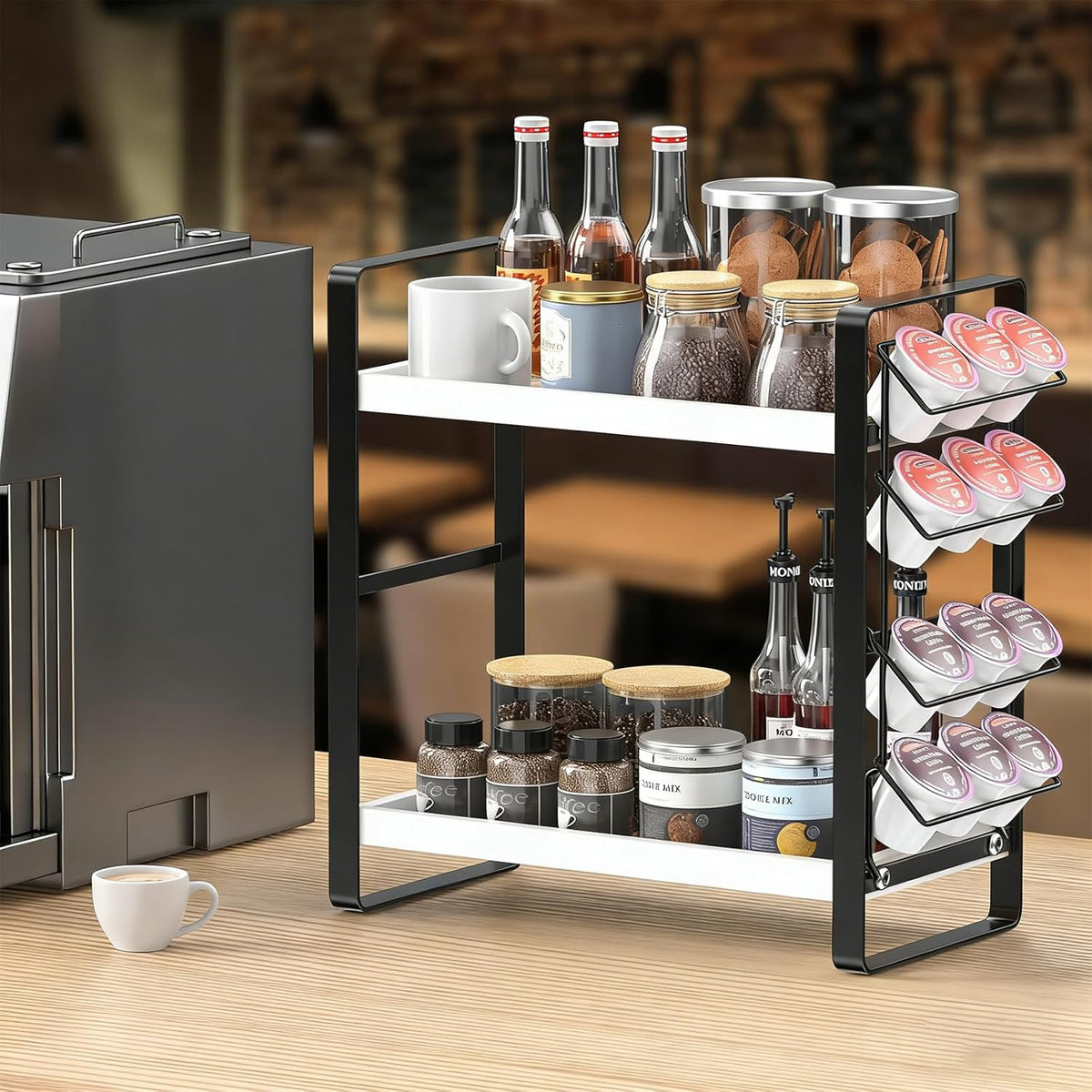 LEMIKKLE 2-Tier Coffee Bar Organizer With Basket,Wooden Counter Shelf for Coffee Bar Accessories,Kitchen Spice Rack Organizer for Countertop-Brown