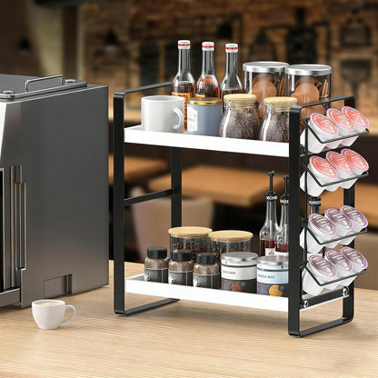 LEMIKKLE 2-Tier Coffee Bar Organizer With Basket,Wooden Counter Shelf for Coffee Bar Accessories,Kitchen Spice Rack Organizer for Countertop-Brown