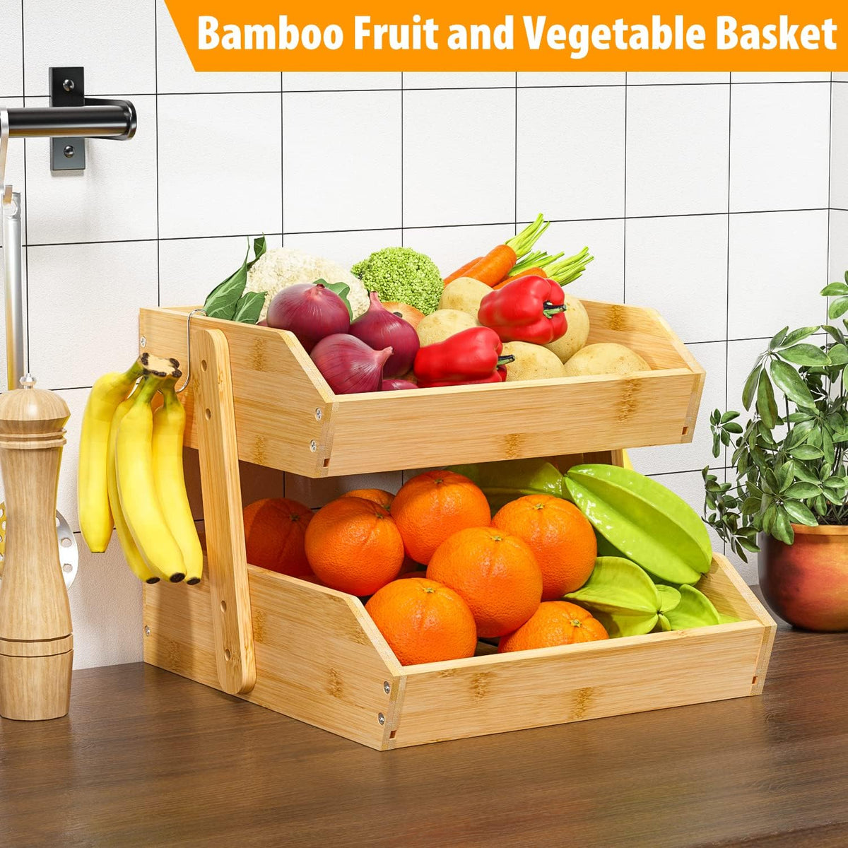 Gmtsl Bamboo Fruit Basket for Kitchen – 3 Tier Fruit Bowl For Kitchen Counter, Large Fruit Holder With 2 Banana Hangers, Idea For Fruit and Vegetable Storage, Bread Basket, Snack Organizer(BLACK)