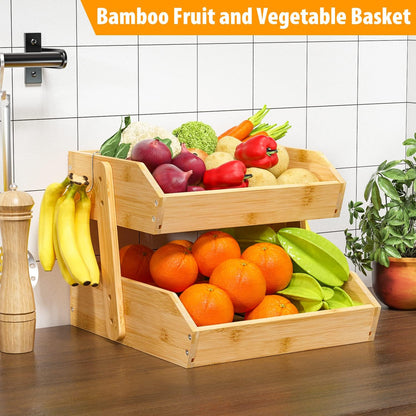 Gmtsl Bamboo Fruit Basket for Kitchen – 3 Tier Fruit Bowl For Kitchen Counter, Large Fruit Holder With 2 Banana Hangers, Idea For Fruit and Vegetable Storage, Bread Basket, Snack Organizer(BLACK)