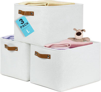 OrganiHaus 12x8in Canvas Storage Baskets 3 Pack | SMALL Fabric Bins for Shelves | Pantry & Bathroom Organizer | Beige/Off-White