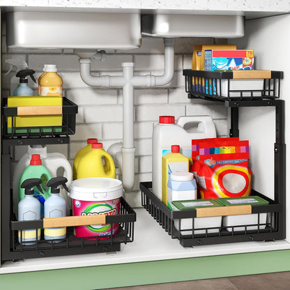 Kitstorack Under Sink Organizer, 2 Tier Under the Sink Storage, Slide out Pull out Cabinet Organizer Shelf, Metal Sliding Drawer for Kitchen Bathroom Pantry Closet Organization Rack, Black