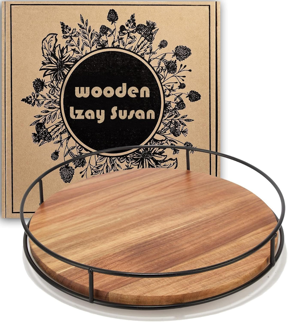 9" Acacia Wood Lazy Susan Turntable, Tomoaza Kitchen Organizer Turntable with Steel Sides, 360 Degree Lazy Susan for Countertop Cabinet or Dining Table