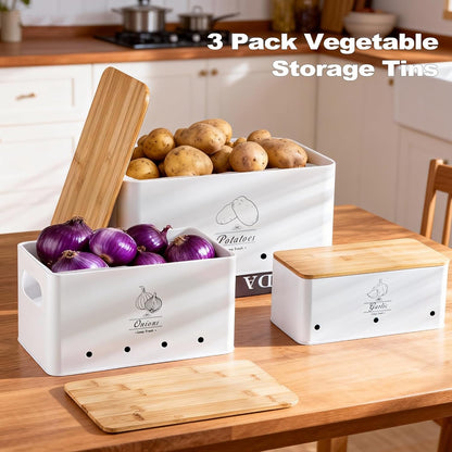 Potato Onion and Garlic Storage Bin Set of 3, Black Metal Kitchen Vegetable Canisters with Bamboo Lid and Aerating Holes, Stackable Kitchen Storage Tin for Countertop Pantry