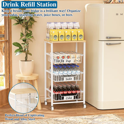 OKZEST 4-Tier Kitchen Storage Cart on Wheels – Mobile Fruit Basket Stand with Drawers & Wooden Top, Small Rolling Pantry Shelf for Potatoes, Onions, Bottled Drinks, Cans, Snacks – Includes 3 PE Liners