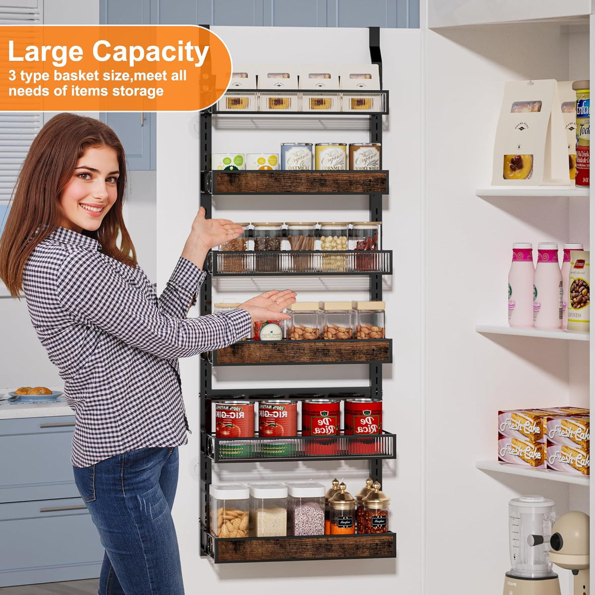 8 Tier Pantry Door Organizer Spice Rack, 2-IN-1 Wall Mount or Hanging Over Door Seasoning Organizer with Adjustable Baskets, Heavy Duty Behind Door Storage Shelves for Pantry, Cabinet and Kitchen