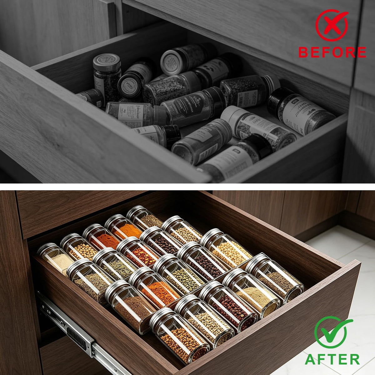 Expandable Acrylic Spice Drawer Organizer – 4-Tier Clear Seasoning Rack Insert for Kitchen Drawers, Adjustable from 9" to 18", Fits Most Spice Jars (Jars Not Included)
