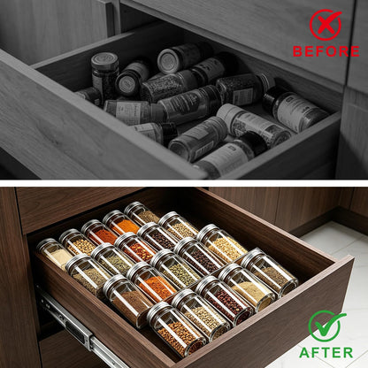 Expandable Acrylic Spice Drawer Organizer – 4-Tier Clear Seasoning Rack Insert for Kitchen Drawers, Adjustable from 9" to 18", Fits Most Spice Jars (Jars Not Included)