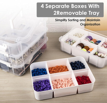 CraftGenes Grey&White Modern Plastic Storage Box - 4-Layer Durable Craft Storage Containers with 2 Removable Trays for Arts & Crafts Supplies, Sewing, Office, Seasonal Decor