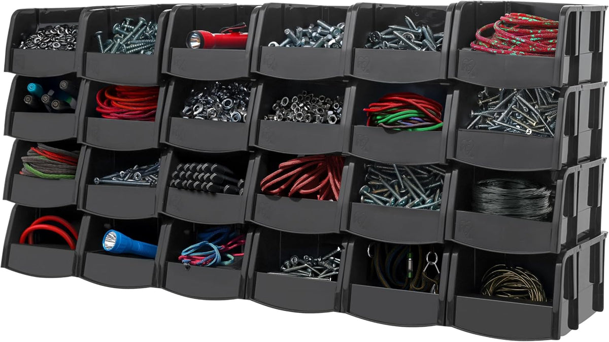 IRIS USA Medium Stackable Storage Bins, 11" L x 6" W x 5" H |Made in USA| Plastic Open Front Shelf Bin for Organizing Parts, Hardware, Tools, Supplies, Garage Shelf, Pantry - Black