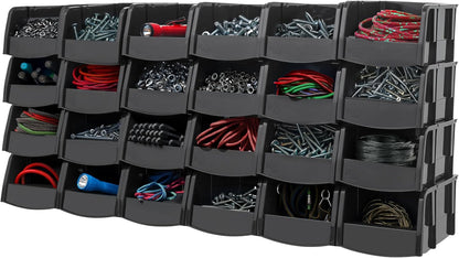 IRIS USA Medium Stackable Storage Bins, 11" L x 6" W x 5" H |Made in USA| Plastic Open Front Shelf Bin for Organizing Parts, Hardware, Tools, Supplies, Garage Shelf, Pantry - Black