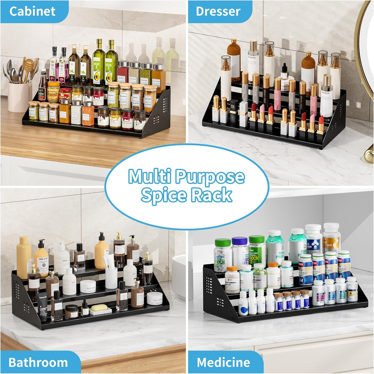 BOIVSHI Spice Rack, Spice Organization for Cabinet - Expandable Width, 3 Tiered Spice Rack Organizer for Cabinet - Adjustable Height, Seasoning Organizer for Cabinet, Countertop, Pantry, White