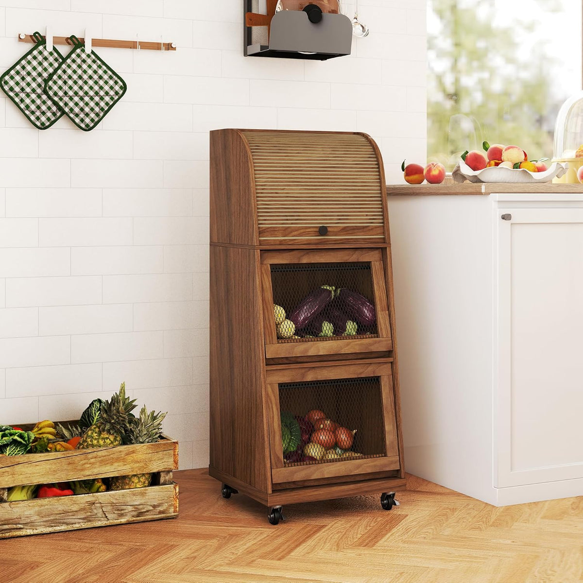 4 Tier Narrow Potato Storage Bin, Tall Wood Potato and Onion Storage Bin with Wheel, Movable Fruit and Vegetable Basket, Food Small Kitchen Pantry Cabinet, Wooden Bread Box, Walnut, Sliding Door