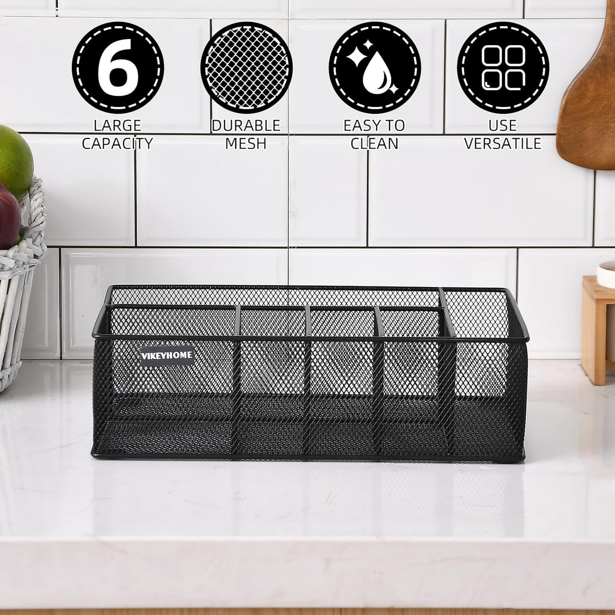 VIKEYHOME Paper Plate Organizer for Countertop, Metal Silverware Caddy with 6 Compartments for Cup, Napkin, Utensil Holder Caddy for Party, Camping, Picnic