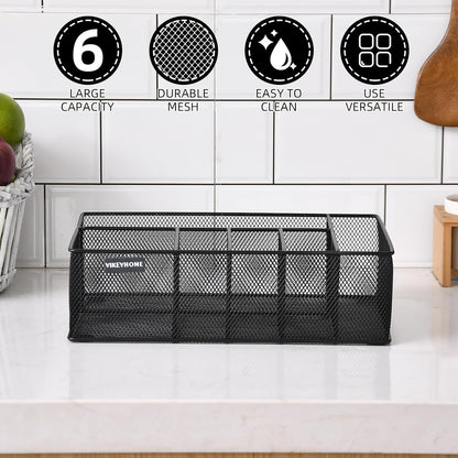 VIKEYHOME Paper Plate Organizer for Countertop, Metal Silverware Caddy with 6 Compartments for Cup, Napkin, Utensil Holder Caddy for Party, Camping, Picnic