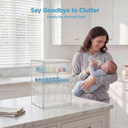 HBlife Baby Bottle Storage Organizer for Countertop Cabinet, 3 Tiers Adjustable Clear Acrylic Bottles Storage Station Case Box Container with 2 Removable Dividers and Magnetic Door, Large