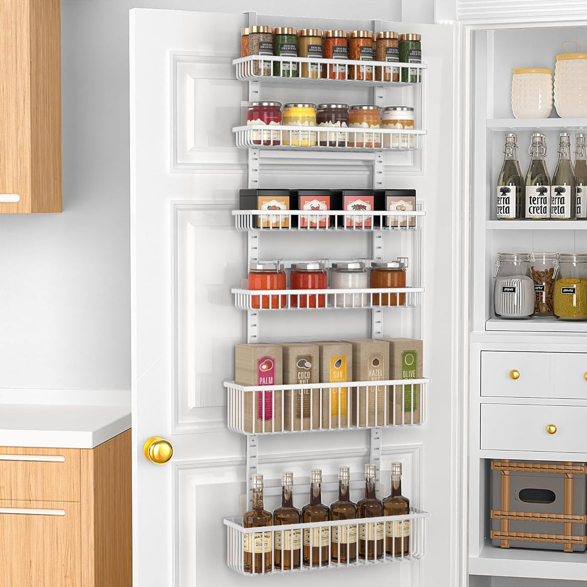 Moforoco White Over The Door Pantry Organizer, Pantry Organization and Storage, Metal Hanging Spice Rack Shelves Door, Seasoning Shelves, Laundry Room Organization, House and Kitchen Essentials