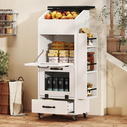 Verano Garden Potato and Onion Storage Bin on Wheels, Wood Bread Box with Lid & Mesh Doors, 4-Tier Rolling Fruit and Vegetable Storage Organizer w/Drawer & Side Rack for Kitchen (Rustic Brown, 16.0")