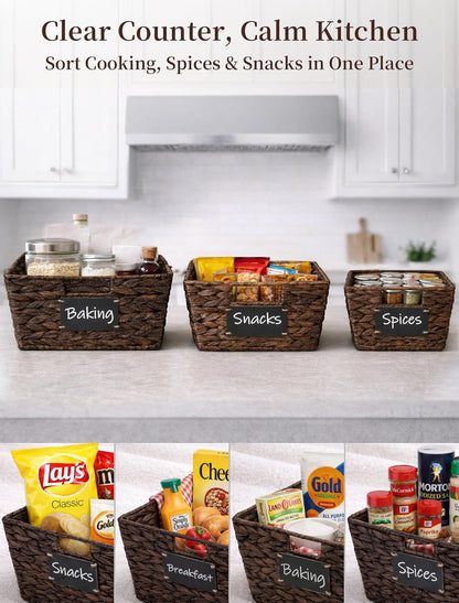 Pantry Organizers and Storage, Water Hyacinth Storage Baskets for Shelves, Natural Baskets for Organizing, Pantry Baskets with Chalkboard Labels and Marker