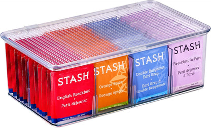 Sorbus 2 Pack Tea Bag Organizer Bins w/Lids & 4 Removable Dividers, Clear Plastic Food Packet Snack Organizer, Stackable Pantry Organization, Kitchen Storage, Fridge Bins, Sturdy Cabinet Organizers