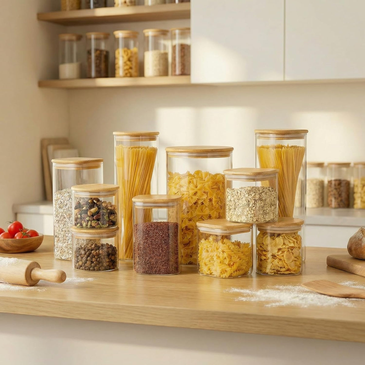 Extra Large Square Glass Flour & Sugar Storage Containers with Airtight Lids, 168 floz - Glass Jars with Bamboo Lids for Pantry, Air tight Food Storage Containers for Cereal, Pasta, Rice