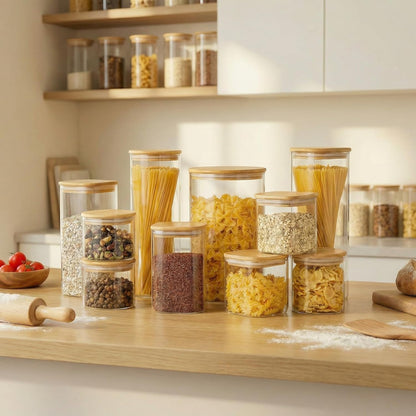 Extra Large Square Glass Flour & Sugar Storage Containers with Airtight Lids, 168 floz - Glass Jars with Bamboo Lids for Pantry, Air tight Food Storage Containers for Cereal, Pasta, Rice