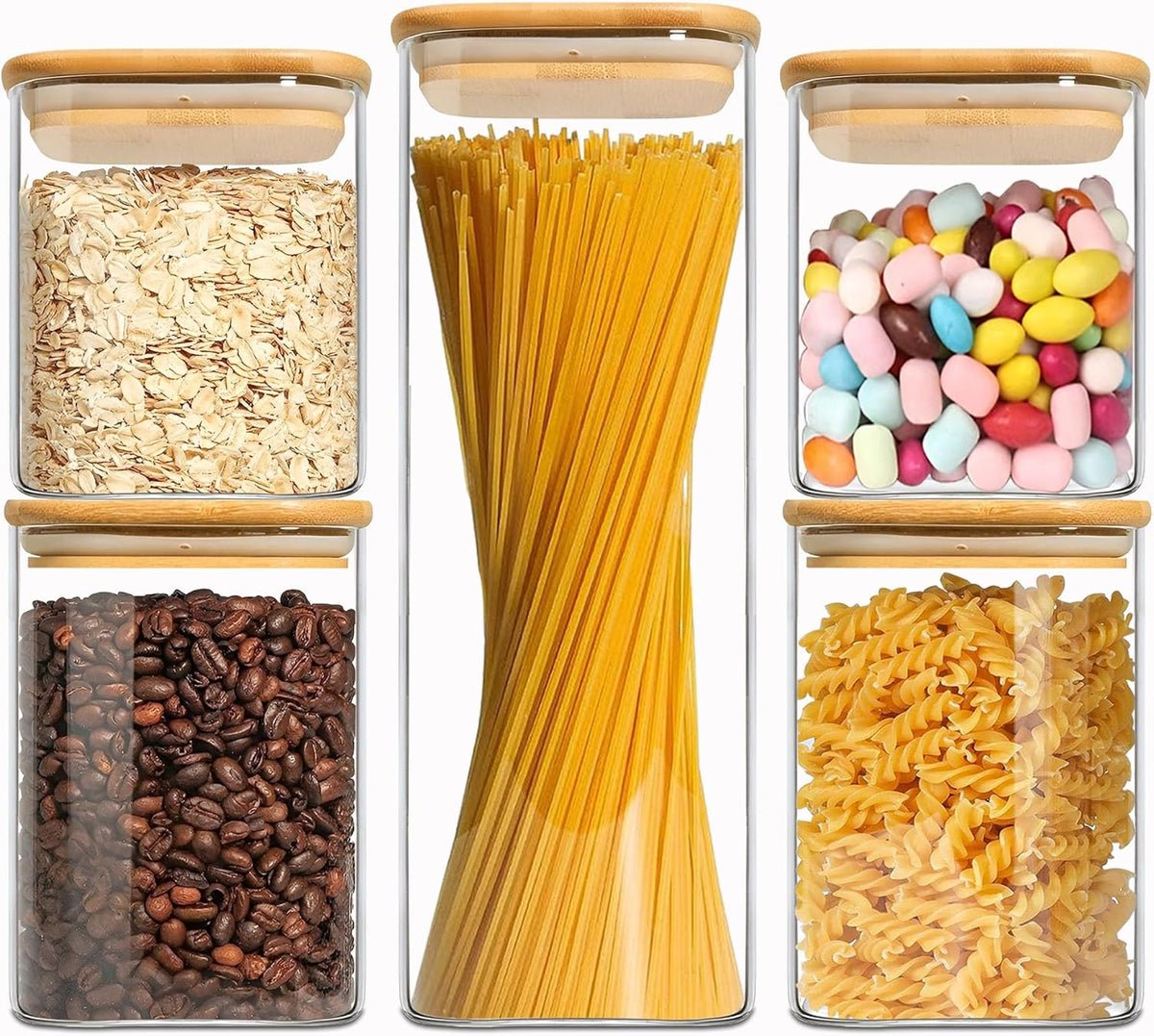 2.2 Qt Square Glass Storage Containers with Lids, Clear Food Storage Container Jar with Sealing Bamboo Lid Storage Containers for Pasta, Oats, Coffee, Flour, Sugar (Square -3Pack)