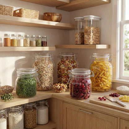 78oz - 3 Pack Square Glass Jars with Airtight Lid, Wide Mouth Mason Jars with Clamp Lids, Air Tight Glass Canisters, Best Food Storage Containers for Flour, Sugar, Cereal, Pasta, Rice, Coffee, Spice