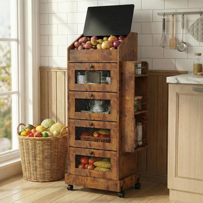 ARTETHYS Potato and Onion Storage Bin for Pantry 5-Tier Rolling Fruit and Vegetable Organizer with Spice Rack on Wheels Movable Large Bread Box Cabinet with 4 Ventilated Drawers for Kitchen, Rustic