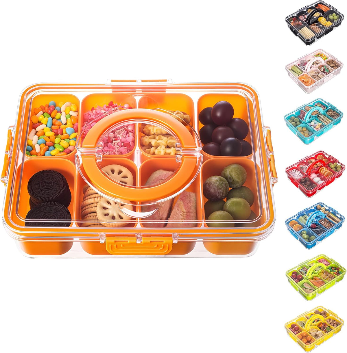 Dingerjar Divided Serving Tray with Lid and Handle - Snackle Box Charcuterie Container for Portable Snack Platters - Clear Organizer for Candy, Fruits, Nuts, Snacks - Perfect for Party, Entertaining